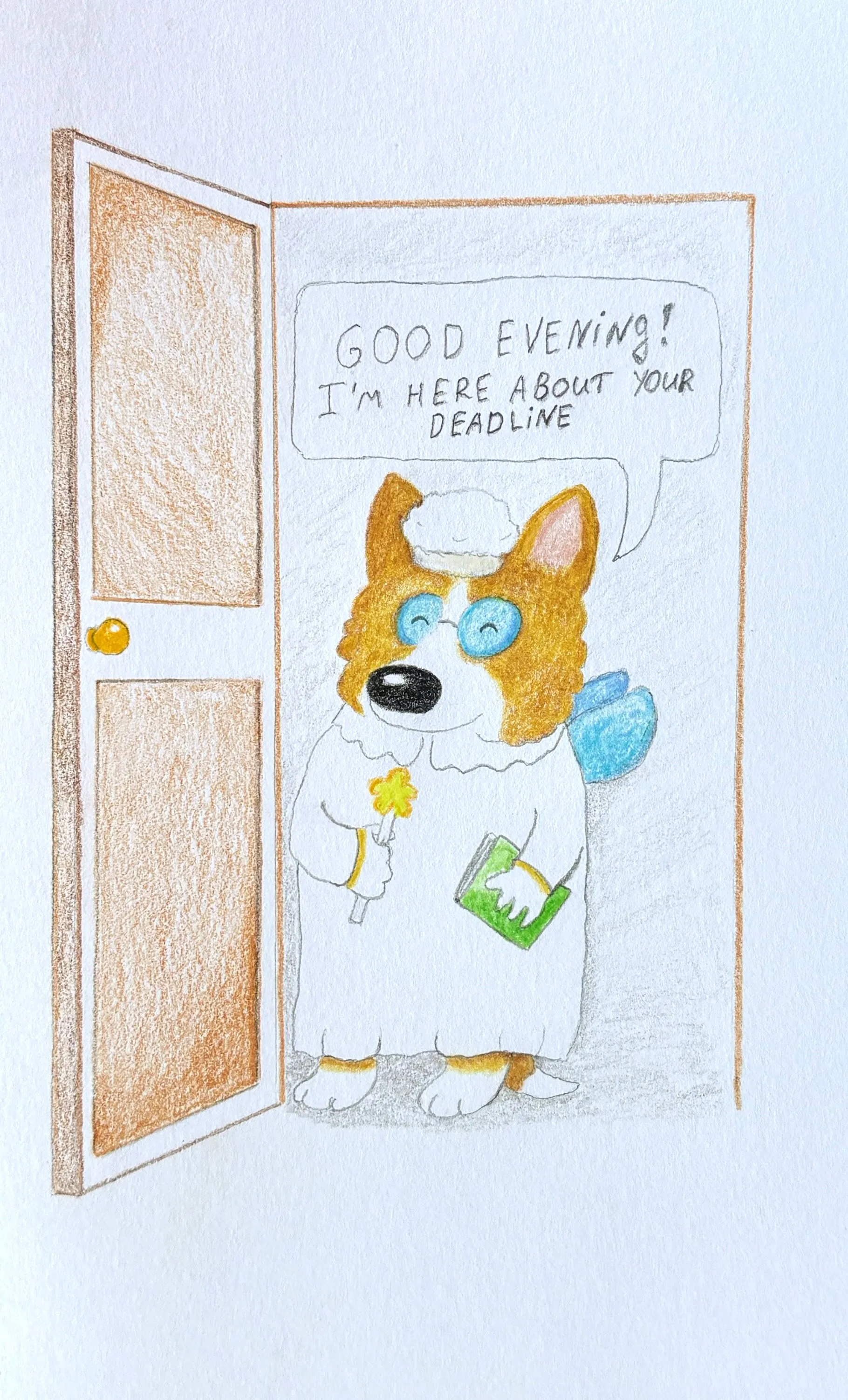 A tiny corgi swings from the clock's minute hand shouting 'HURRY UP!' while the corgi at the laptop sweats
