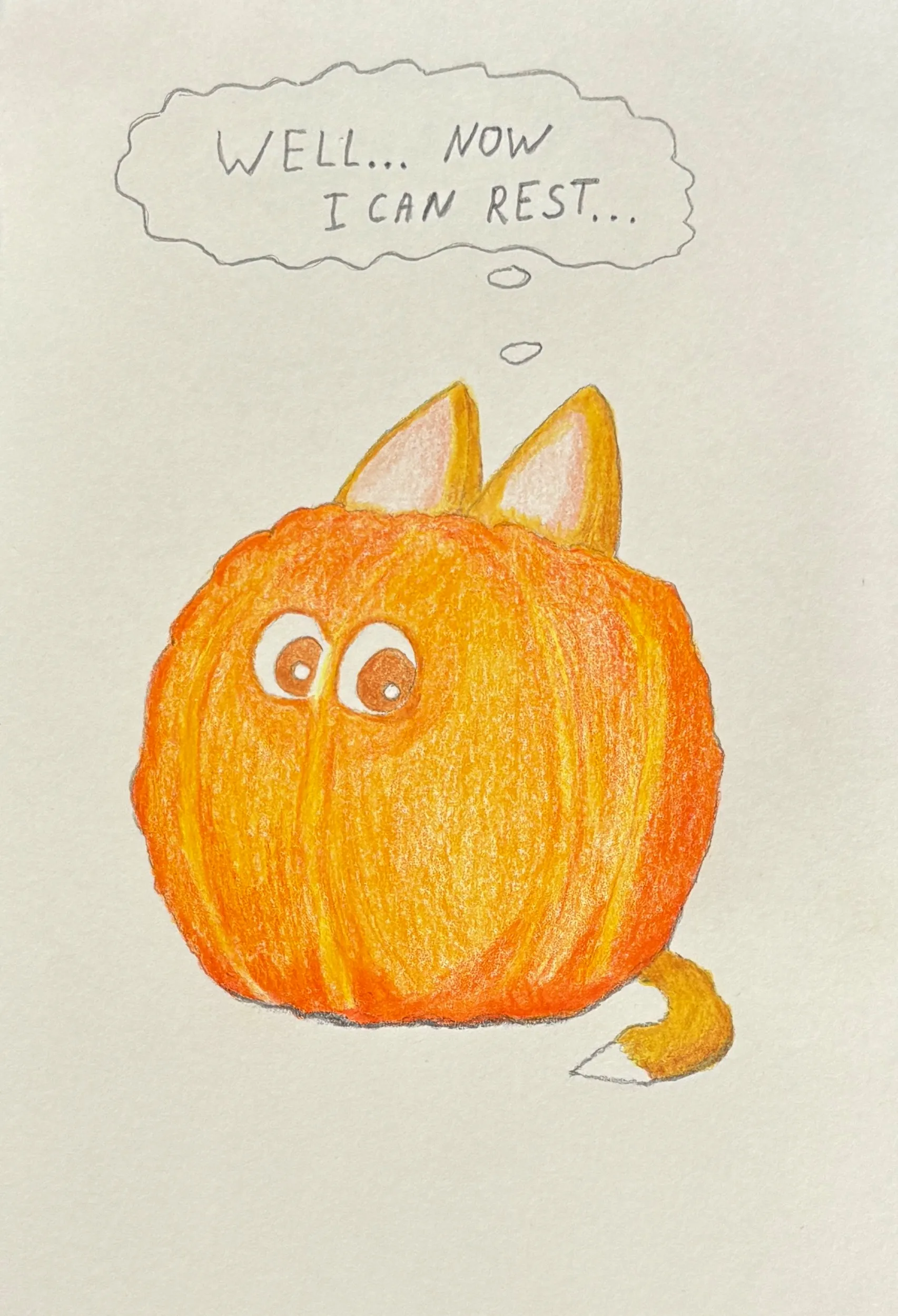 A pumpkin with corgi ears, eyes, and tail thinks 'Well... now I can rest...'