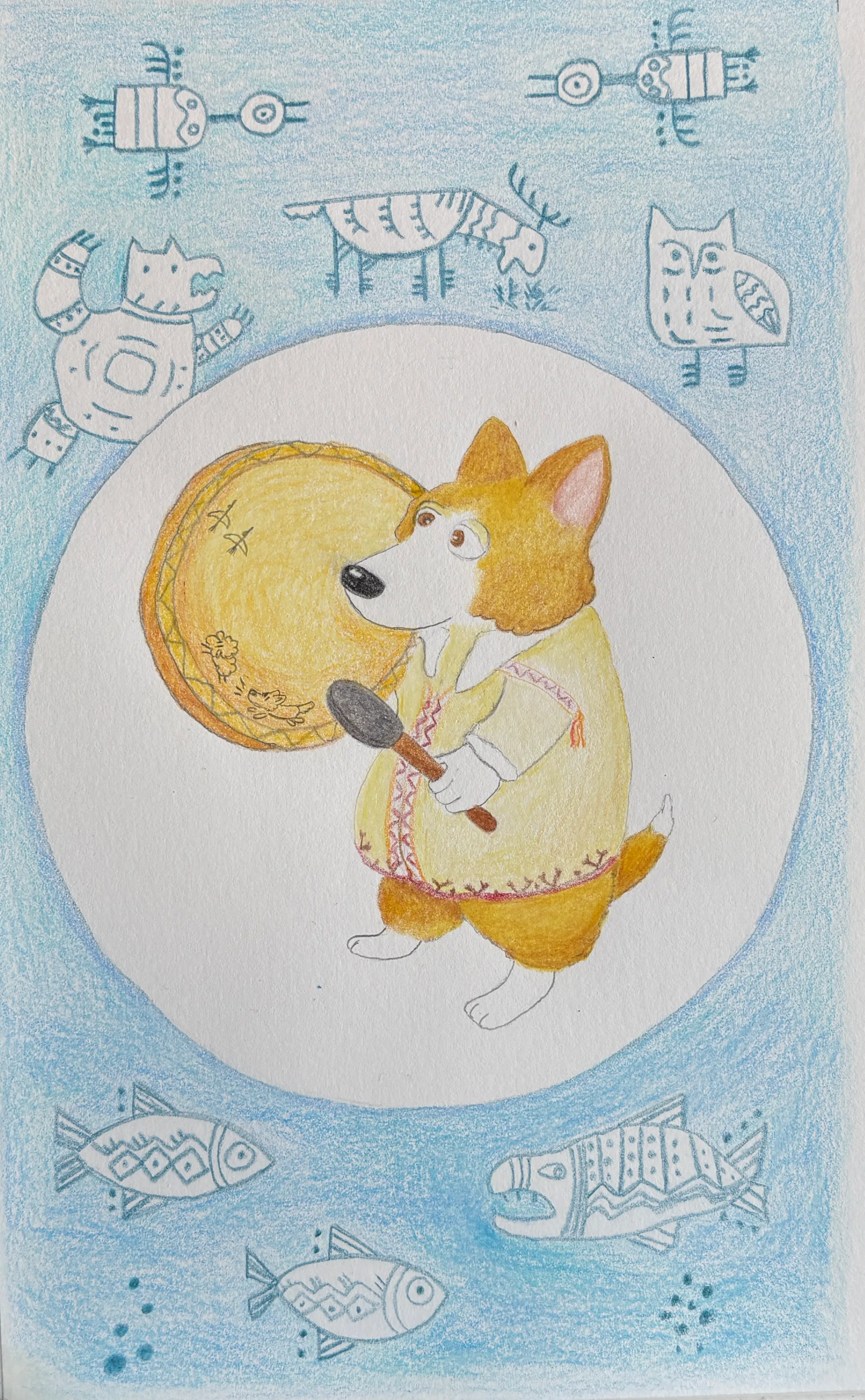Coding Corgi as a shaman with a drum, surrounded by petroglyph-style animal drawings