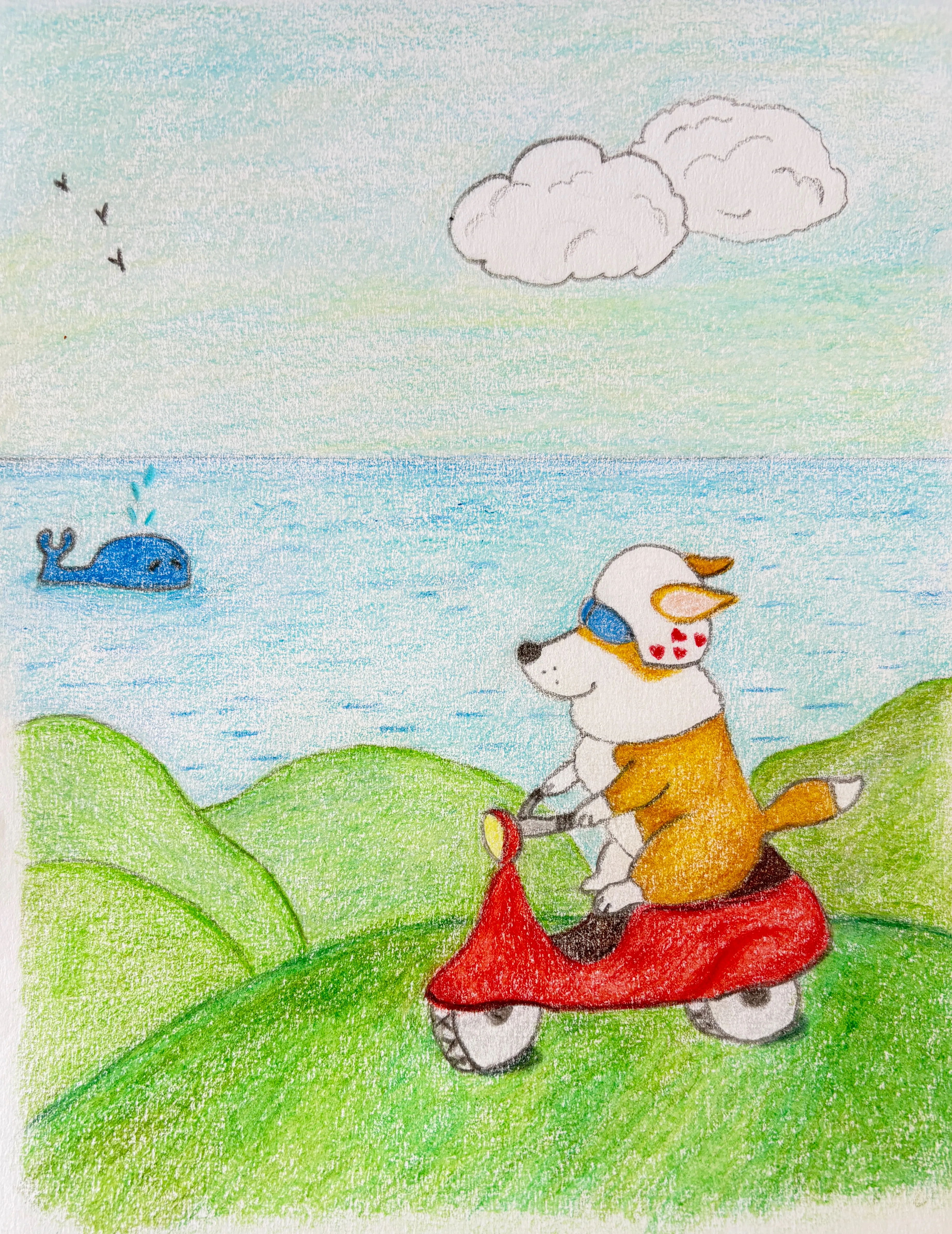 Coding Corgi in sunglasses and a heart-print bandana riding a red scooter along green coastal hills, with a whale spouting in the sea